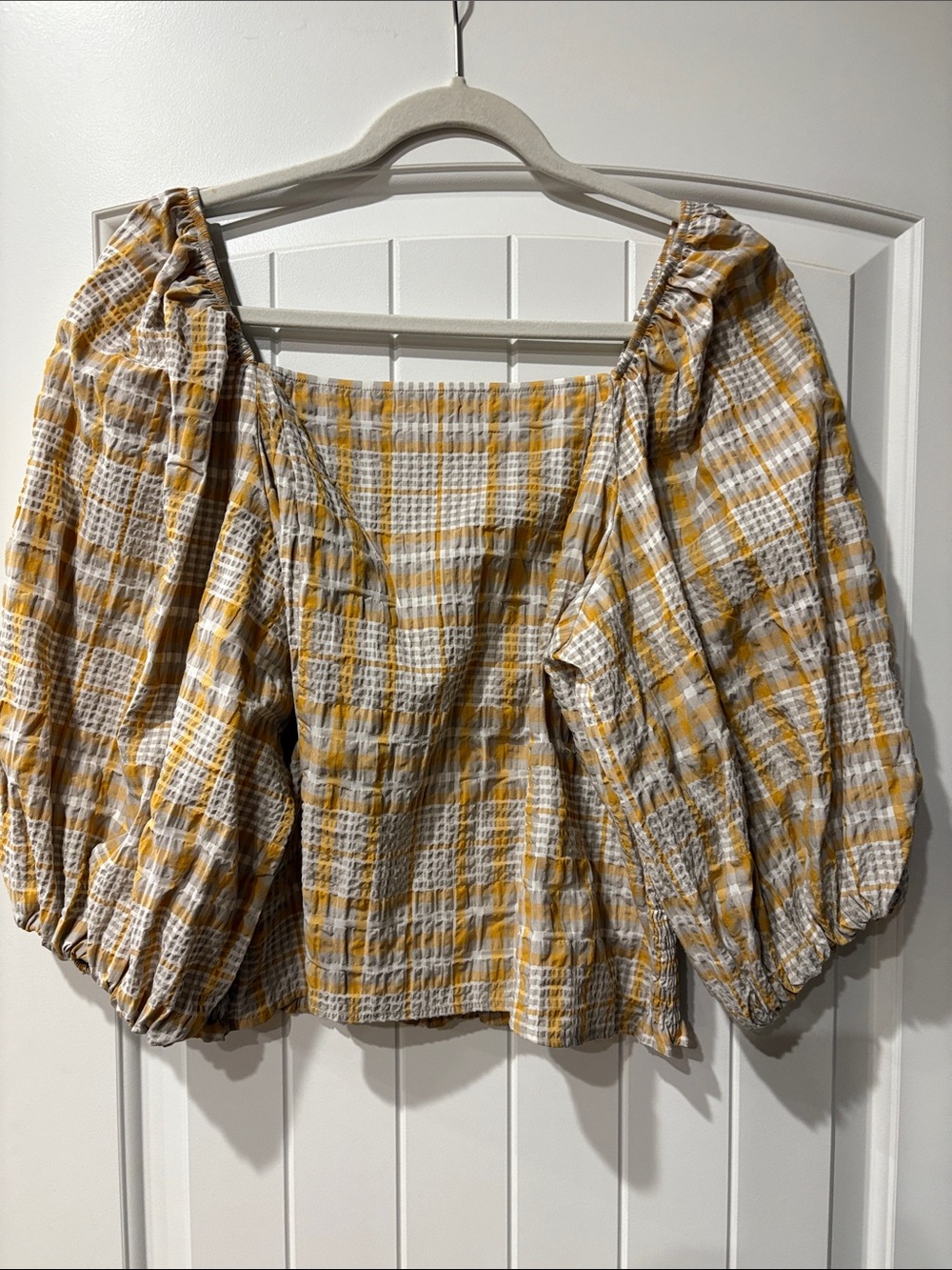 Maeve Mustard and White Plaid Square-Neck Puff Sleeve Top